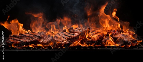 Fiery flames licking at sizzling meat cooking on a grill, set against a dark black background