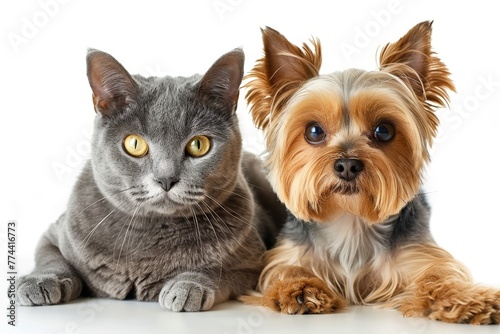 Close up portrait of a Scottish Straight cat and Yorkshire terrier on white background © VolumeThings