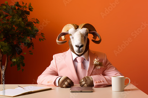 A surreal and humorous image of a goat dressed in a suit, posing at a desk with a phone in pink 