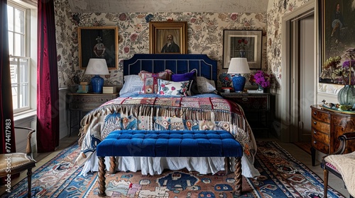 Step into a world of maximalist magic: a vibrant bedroom brimming with patterns, textures, and vintage charm.