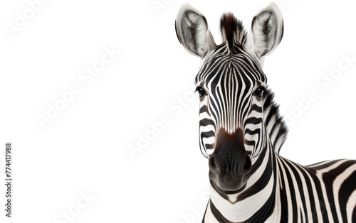 A zebra with striking black and white stripes stands out against a pristine white background