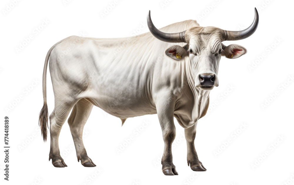 A white bull with enormous horns stands powerfully against a pure white backdrop A white bull with enormous horns stands powerfully against a pure white backdrop