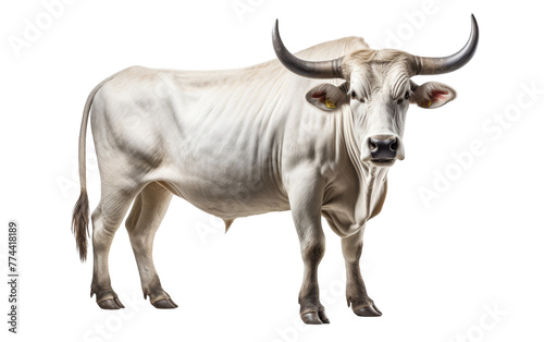 A white bull with enormous horns stands powerfully against a pure white backdrop