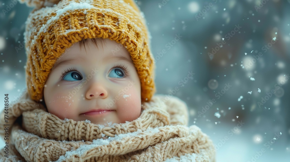 Festive Baby in Knitwear Playing in Snow, generative ai Festive Baby in Knitwear Playing in Snow, generative ai