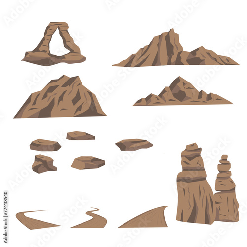 Brown mountains ,rocks and road, isolated on white background.