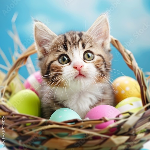 A kitten is sitting in a basket full of Easter eggs