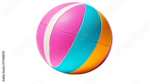 A vibrant beach ball rests on a pristine white background