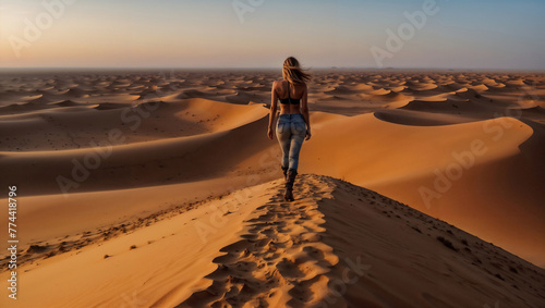 Bellissima cammina sulle dune di un deserto al tramonto durante una vacanza 