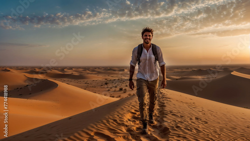 Uomo sorride felice mentre cammina sulle dune di un deserto durante una vacanza photo