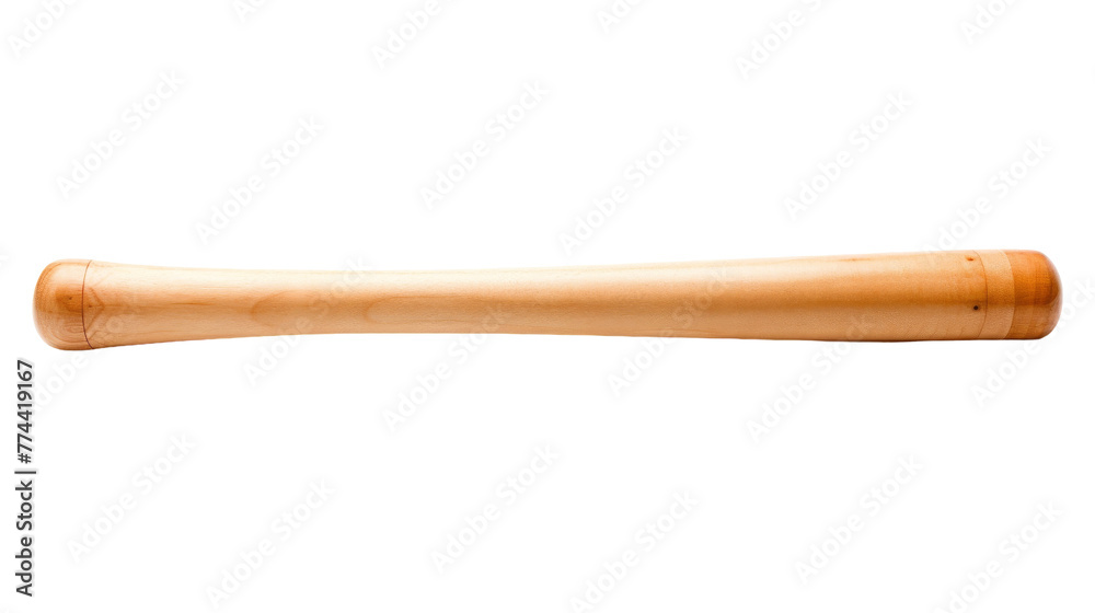 A sleek wooden baseball bat poised on a white background A sleek wooden baseball bat poised on a white background