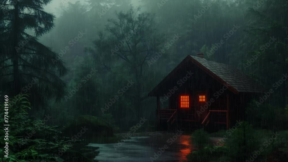 rainy cabin in the woods