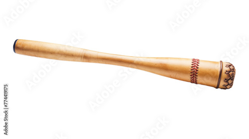 A baseball bat adorned with a striking red stitch