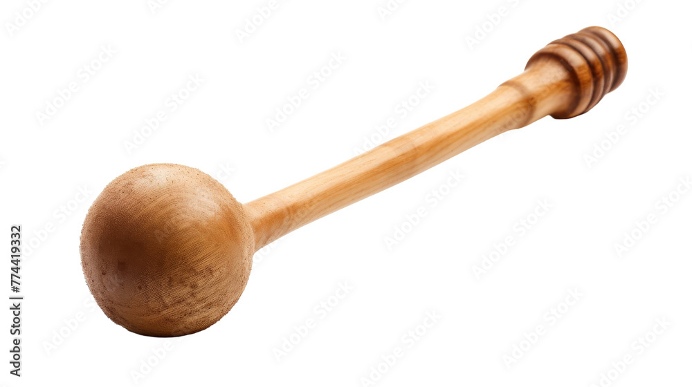 A rustic wooden mallet resting on a pristine white background A rustic wooden mallet resting on a pristine white background
