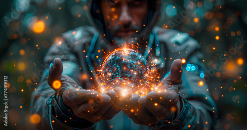 Person presents a glowing orb encompassed by floating digital connections and nodes, suggesting global connectivity or data © Boris