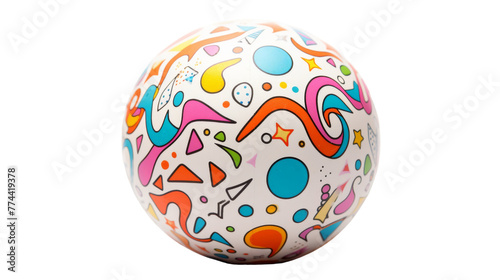 A spherical white ball adorned with vibrant and intricate designs in a kaleidoscope of colors