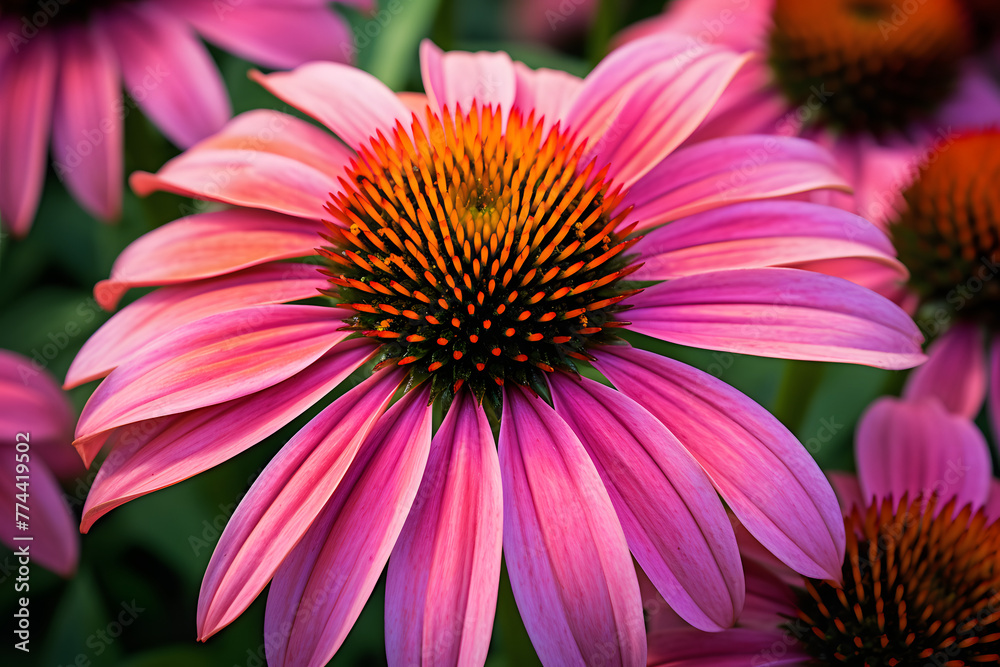 Marvel at the exquisite beauty of the Echinacea, also known as coneflower, as it flourishes in the garden.   Generative AI,