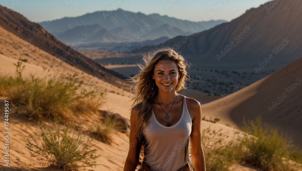 Naklejka premium Bellissima donna sorride felice mentre cammina sulle dune di un deserto durante una vacanza 