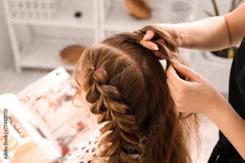 Canvas Print Professional hairdresser braiding client's hair in salon