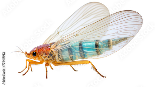 Close-up of a fly insect with intricate details on a white background