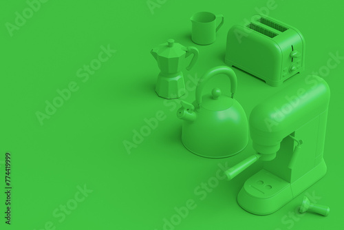 Electric kitchen appliances and utensils for making culinary on green monochrome