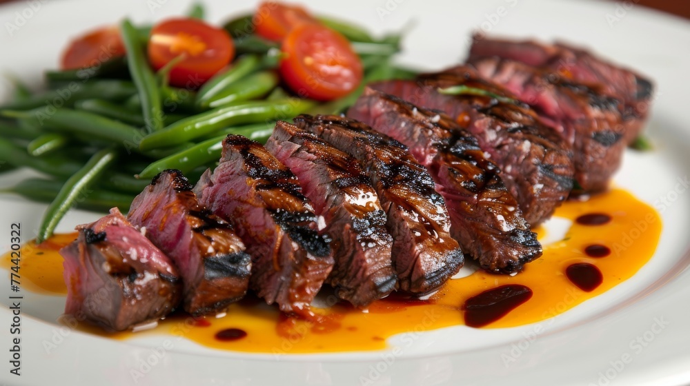 Perfectly seared steak slices with a savory glaze, presented alongside fresh green beans and cherry tomatoes, ready for a gourmet meal. Perfectly seared steak slices with a savory glaze, presented alongside fresh green beans and cherry tomatoes, ready for a gourmet meal.