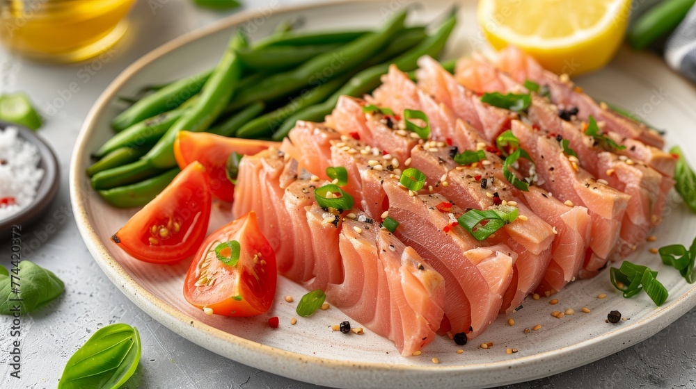 A succulent seared tuna steak, delicately sliced and beautifully plated with a side of crisp green beans and ripe cherry tomatoes. A succulent seared tuna steak, delicately sliced and beautifully plated with a side of crisp green beans and ripe cherry tomatoes.