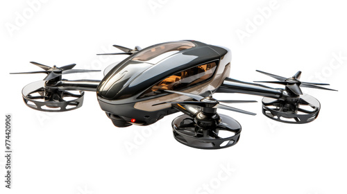A sleek black and silver remote-controlled helicopter soaring through the sky