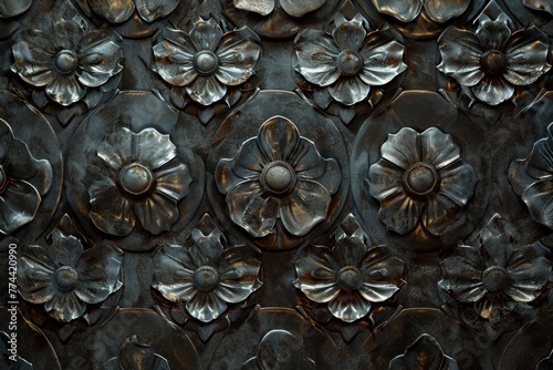 Flowers encased in metallic armor, petals shimmering with a steel or bronze finish, embodying the strength of medieval spirit, set against a dark moody background created with Generative AI Technology