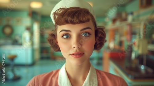 1950s Pin-up Style Nurse with Mid-century Medical Tools, generative ai
