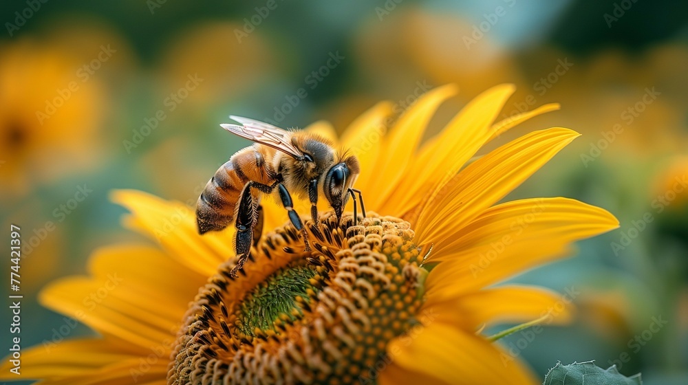 Macro Shot of Bee and Sunflower, generative ai Macro Shot of Bee and Sunflower, generative ai