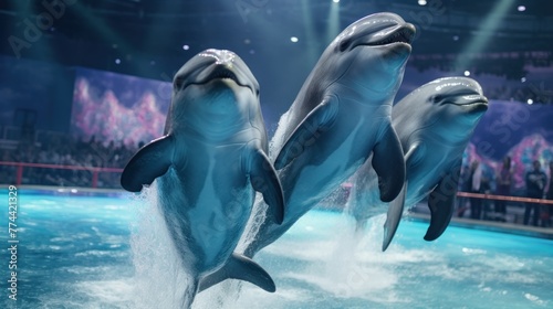 group of dolphins jumping together in Azul Show at Seaworld. Seaworld is an animal theme park