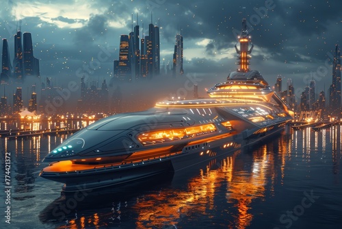 Futuristic ship arriving at high-tech port in city of the future