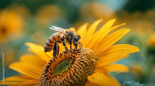 Macro Shot of Bee and Sunflower, generative ai © Matus