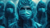 Group of doctors in protective suits and masks looking at the camera. Pandemic concept