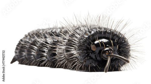 A vibrant caterpillar with intricate patterns crawls gracefully on a plain white background