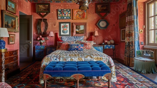 Step into a world of maximalist magic: a vibrant bedroom brimming with patterns, textures, and vintage charm.