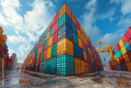 Multihued cargo containers enliven the atmosphere of the harbor port
