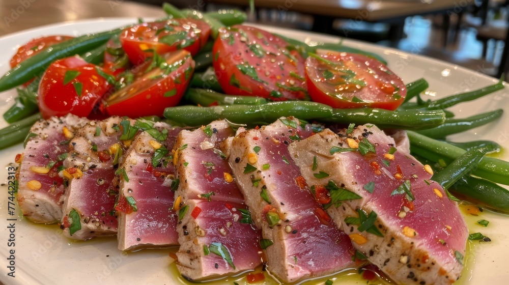 Seared tuna with a peppery edge, lying next to crisp green beans and halved cherry tomatoes, drizzled with a tangy sauce.