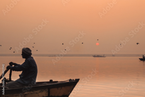 Boats Ganges Ganga River Varanasi Benares Uttar Pradesh India Water Transport Traditional Colorful Sunrise Culture Hinduism Sun Pollution Sunset Sacred City Tourism Scenic Views Iconic Ghats Temples
