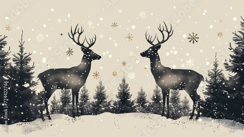 Elegant Winter Reindeer and Snowflakes, generative ai