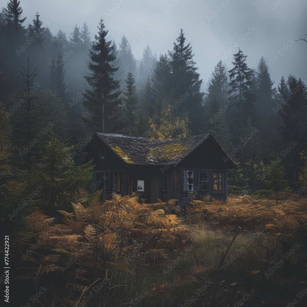 A small cabin in the woods with a mossy roof