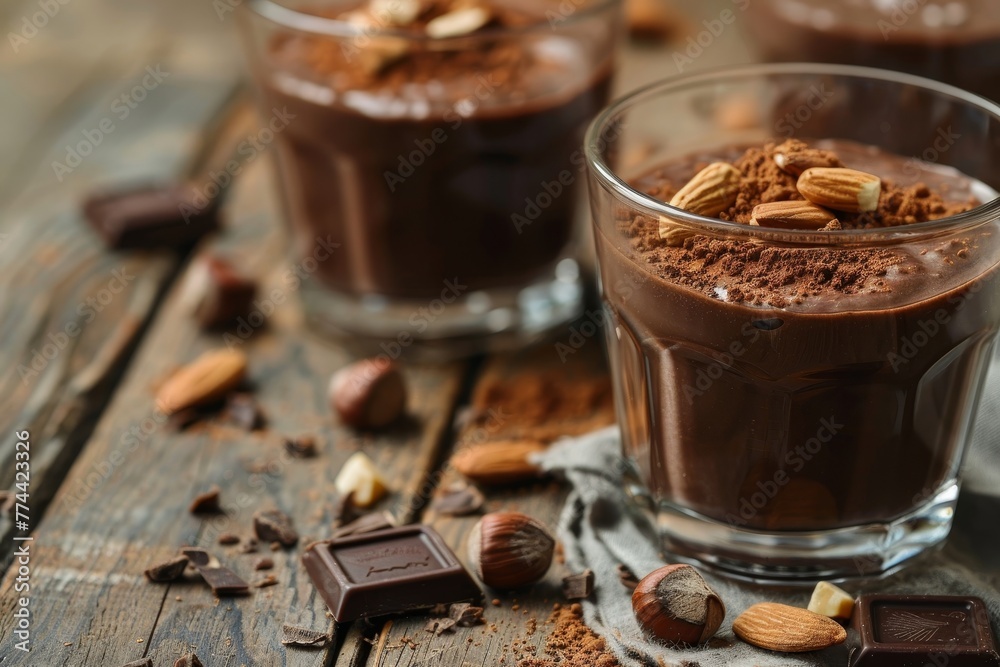 Homemade vegan chocolate mousse with almonds in glasses on wooden background topped with nuts and carob powder - obrazy, fototapety, plakaty 