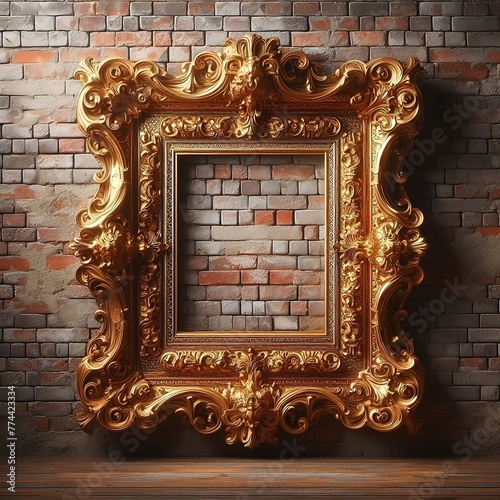antique big gold frame on a brick wall and wodden table