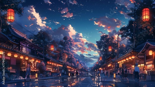 Bustling Anime Night Market Scene, generative ai