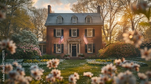 American Flags and Blooming Flowers at a New England House, generative ai