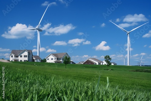 Two white wind turbines standing in the distance behind some houses, in front of a blue sky, on a green grass field