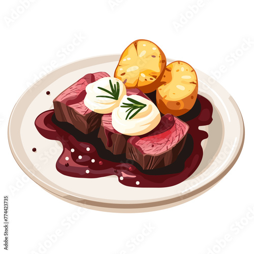 Beef steak with potatoes and sauce. Vector illustration in cartoon style.