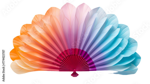 A colorful fan with a long tail elegantly dances against a pristine white background