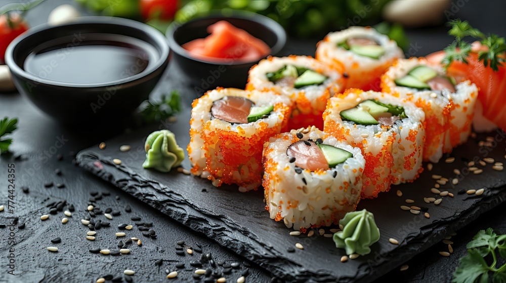 Beautiful sushi and rolls on a dark stone background. Food advertising. Banner, menu.