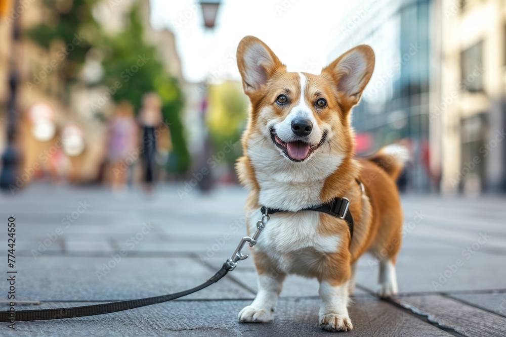 Joyful corgi holding leash in city center portrait Joyful corgi holding leash in city center portrait